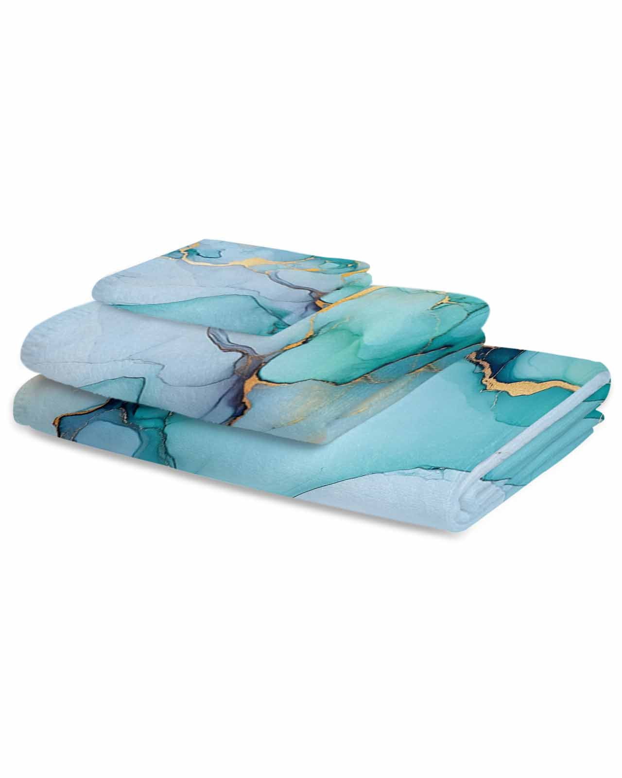 Turquoise Marble Towel Set of 3, Soft Microfiber Bath Towels, Hand Towel, Washcloths, Abstract Green Modern Luxury Cracks Quick-Dry Absorbent Towels for Bathroom Kitchen Hotel Beach Gym Spa