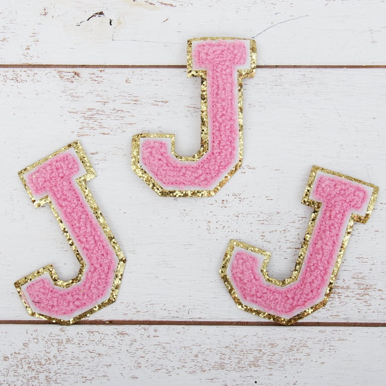 3 Pack Chenille Iron On Glitter Varsity Letter I Patches - Pink Chenille  Fabric with Gold Glitter Trim - Sew or Iron on - 8 cm Tall