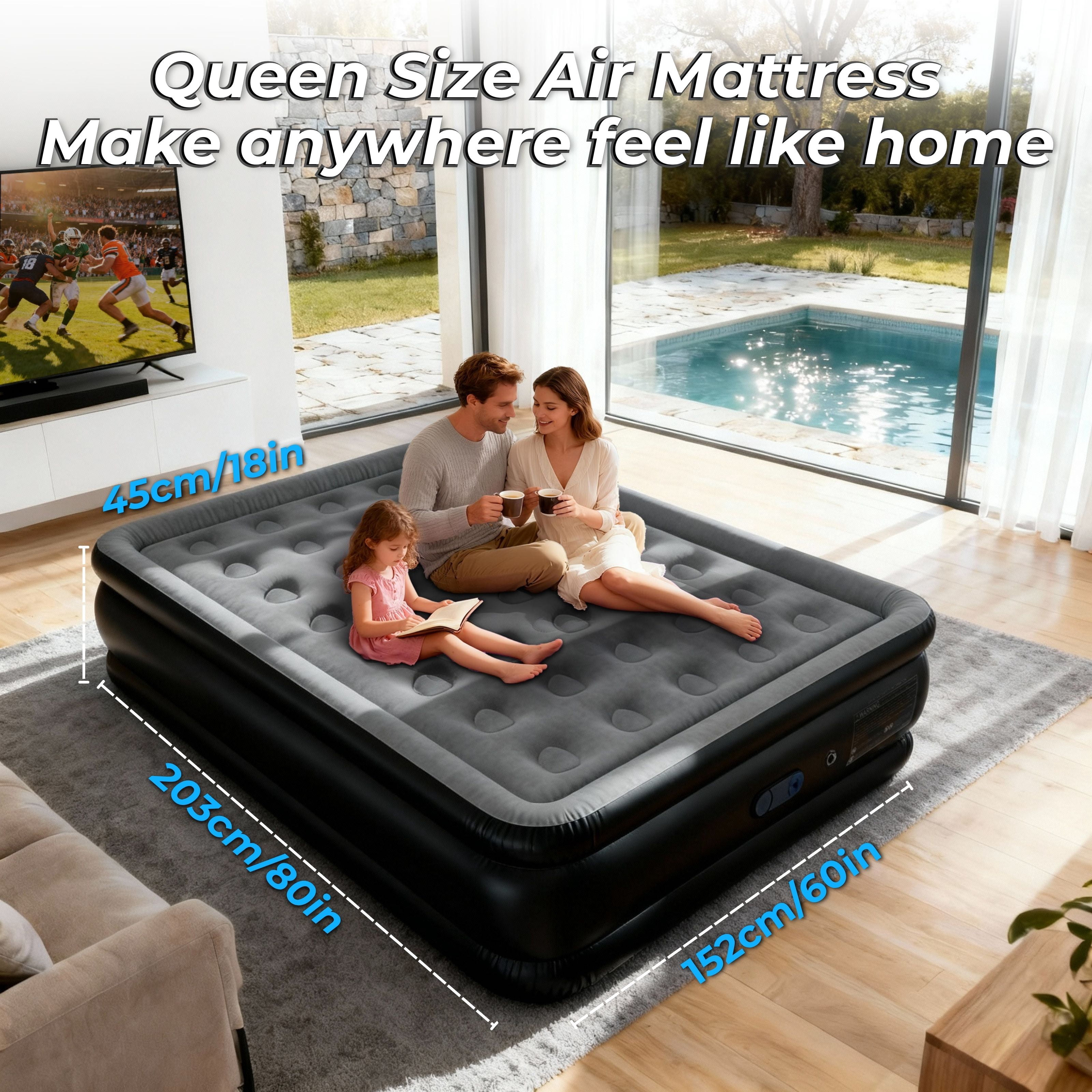 LussoAmor 18" Queen Air Mattress with Built-in Pump, 3-Mins Self-Inflation, Blow Up Bed for Camping, Home & Guest, 650lb, Gray