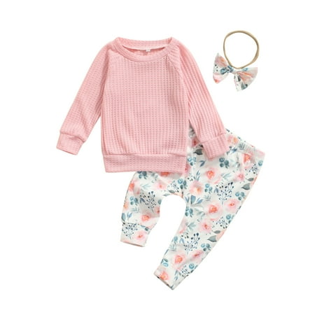 

Caitzr Baby Girls Clothes Set Solid Color Long Sleeve O-neck Tops Floral Print Trousers Bow-knot Headband