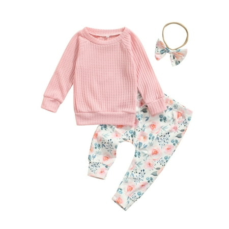 

Seyurigaoka Baby Set Solid Color Tops+Floral Print Trousers+Headband