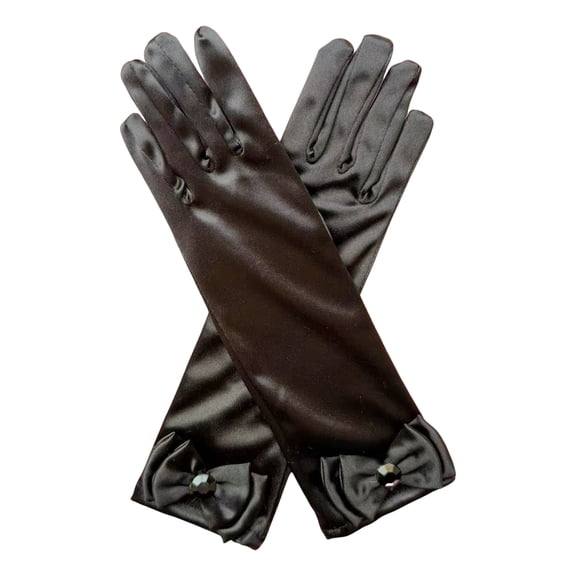 Xinwanna 1 Pair Kids Gloves Rhinestones Inlaid Bowknot Decor Bright Color Gloves Performance Stage Princess Gloves (Black,One Size)