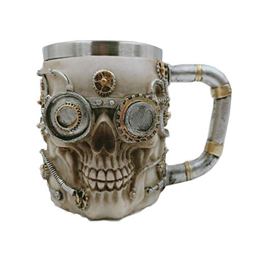 13oz Skull Beer Coffee Mug Stainless Steel Viking Warrior Skull Beer Mugs Mechanical Gear Pipeline Design Beer Stein Tankard Drink Cup for Men Halloween Decor 