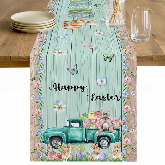 Easter Table Runner - 60 Inch Long Green Truck Rabbit Duck Butterfly Floral Wooden Cotton and Linen Blended Dress Scarves Farmhouse Table Runner for Kitchen Dining, Coffee Table, 13" x 60"