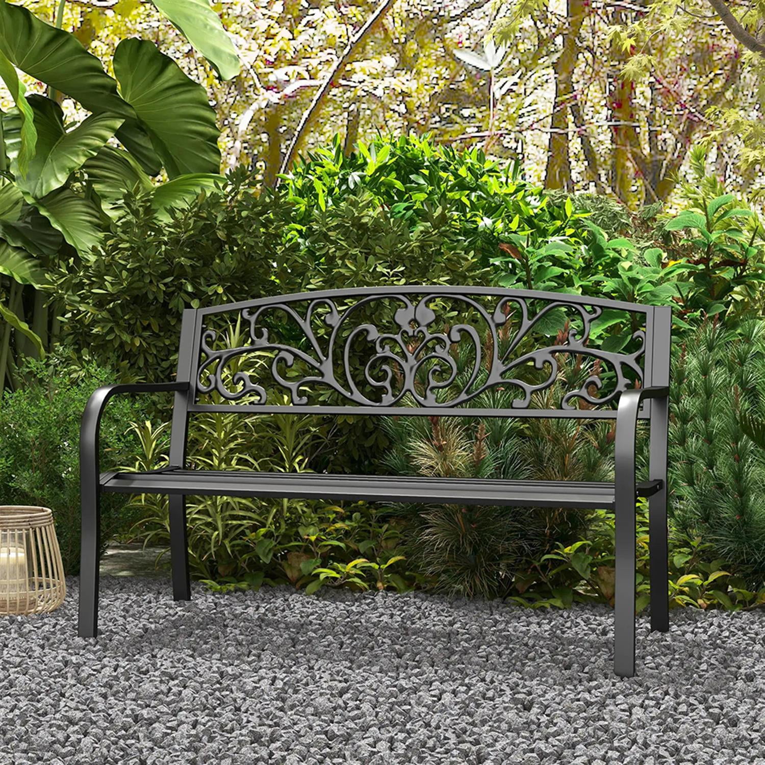 Demi Bonn Patio Garden Bench Metal Park Bench, Outdoor Benches Furniture with Floral Pattern Backrest & Slatted Seat for Patio, Park, Lawn, Yard, Black