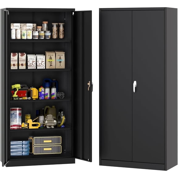 71" Tall Black Metal Storage Cabinet with Locking Doors – 4 Adjustable Shelves, Leveling Feet, Heavy-Duty Steel Organizer for Pantry, Garage, Bedroom, Office, or Shop – Secure Tool & File Storage