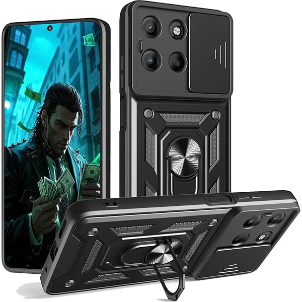 wonima11 CSmall for Motorola Moto G15 Case with Slide Camera Cover, Military Grade Rugged Shockproof Protective Phone Cover Case with Ring Kickstand for Motorola G15 Power SJ Black