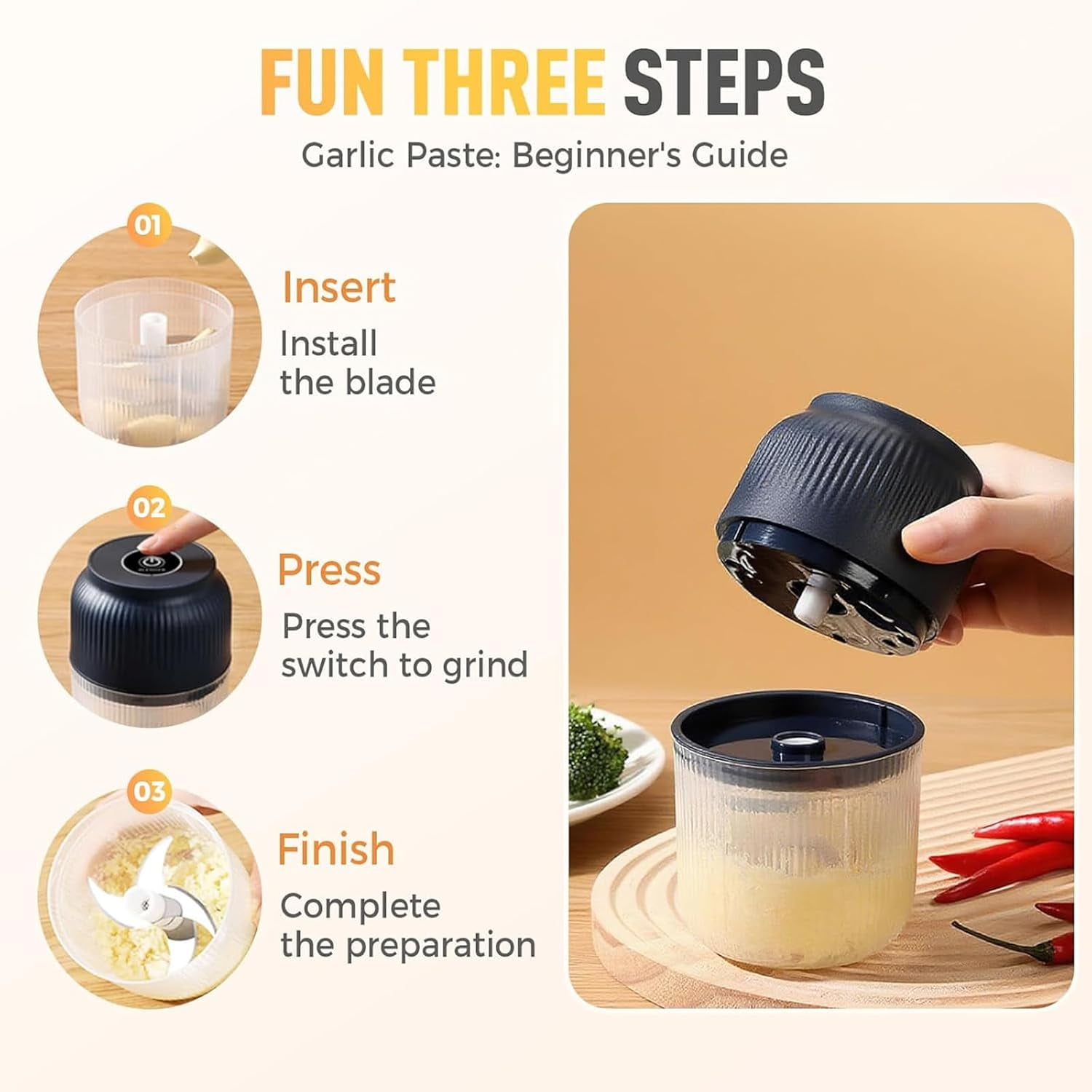 Electric Garlic Chopper, 2026 Upgrade Electric Mini Garlic Chopper Set, with 4/6 Stainless Steel Blades, Cordless One-Touch Operation, for Onion, Chili, Ginger, Nuts (1PCS-A)