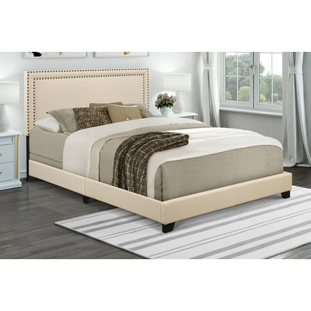 Home Meridian Cream Upholstered Queen Bed with Nail Head