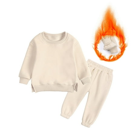 

Yubatuo Children s Hooded Round Neck Hem Slit Sweatershirt Pants Two Piece Set Beige 100