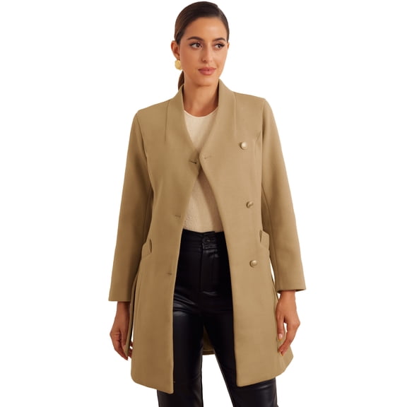 DARING DIVA Women's Stand Collar Long Sleeve Belted Pearl Button Midi Coat Khaki XS
