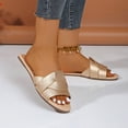 thumbnail image 4 of Rokment Womens Summer Flat Dress Slip on Sandals 2026 Stylish Simple Braided Leather Denim Open Toe No Heel Casual Slides for Woman Beach Vacation Gold Size 6, 4 of 7