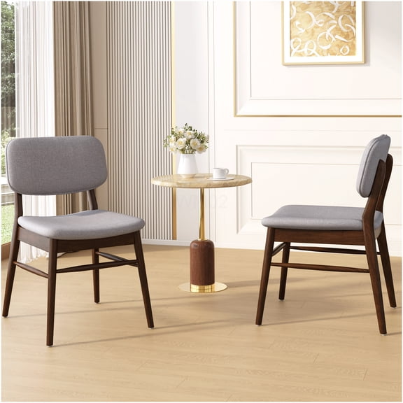 Set of 2 Mid-Century Modern Dining Chairs with Upholstered Seat and Back, Light Gray Fabric and Walnut Finish Rubberwood Frame