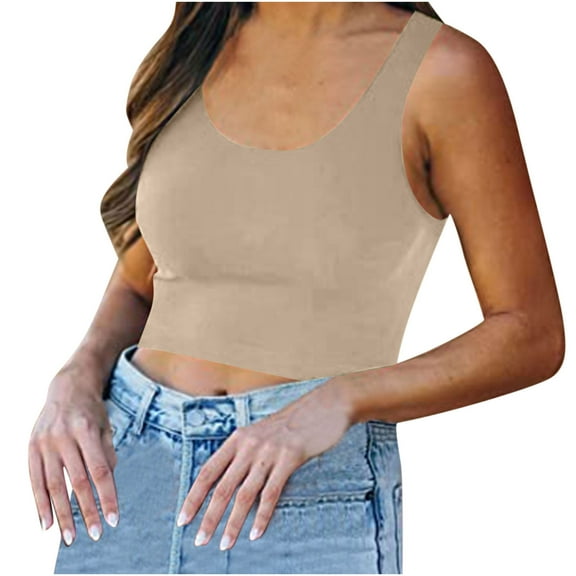 USSUMA Sleeveless Women Tops Dressy Casual Crop Basic Tank Yoga Sport 2022 Trendy T-Shirt Shirts Solid Cropped Short Tunics Top Plus Size for Women Round Neck Summer Blouse