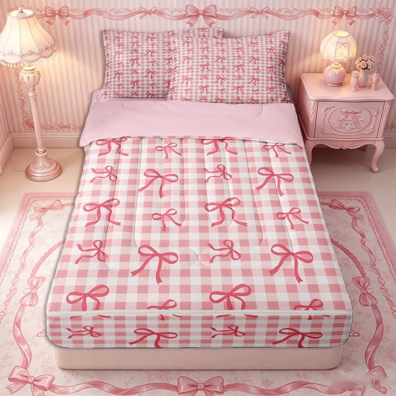 Erosebridal Preppy Gingham Bow Zipper Twin Comforter Sets with Fitted Sheet and 2 Pillowcases,Timeless Checker Base Zipper Bedding Set,Dusty Pink White,4-Piece,Pink Reversible