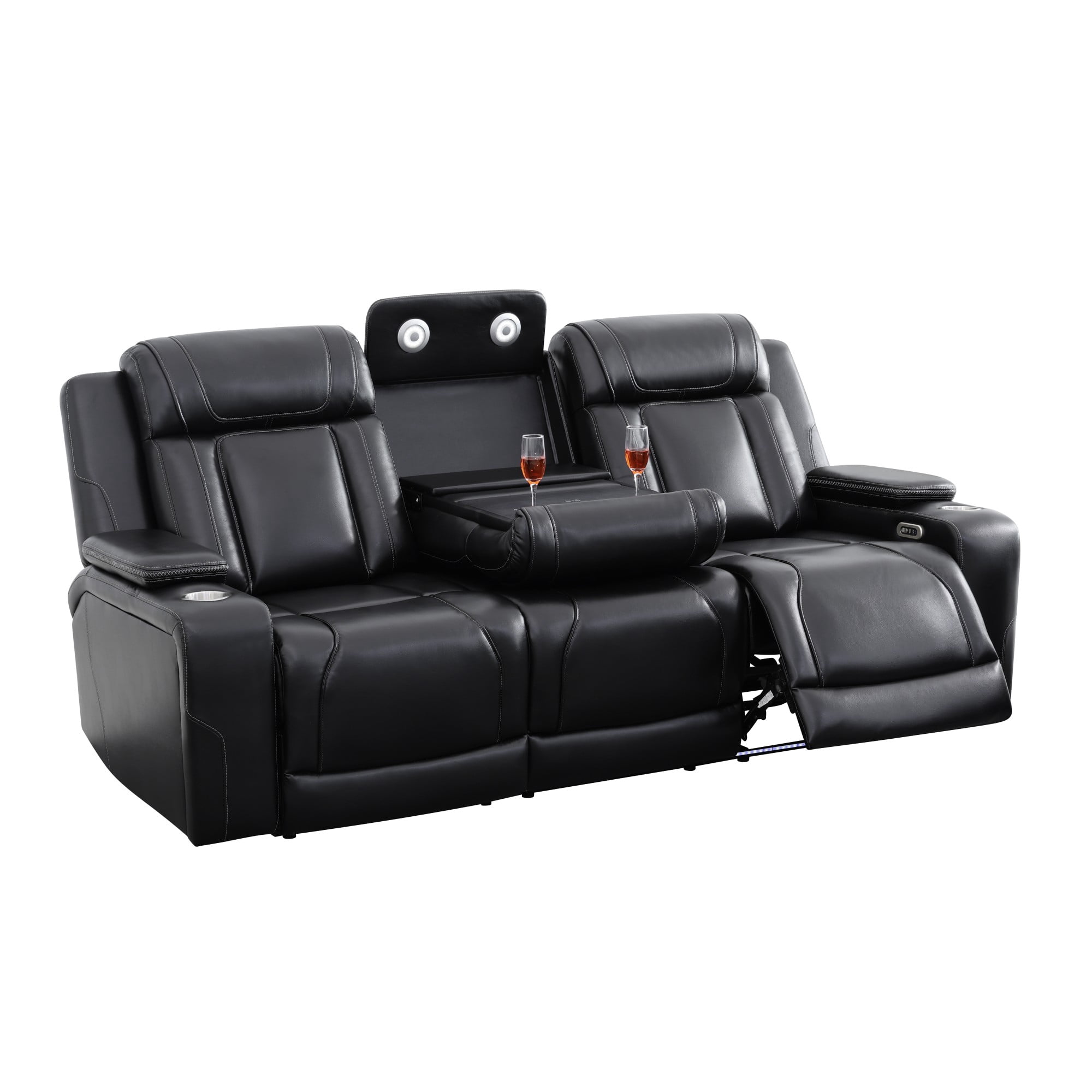 Gewnee 3‑Seater Power Recliner Sofa, Air Leather, USB & Type‑C Wireless Charging, Armrest Storage, Flip‑Up Tea Table, LED Light, Home Theater Seating for Living Room，Black