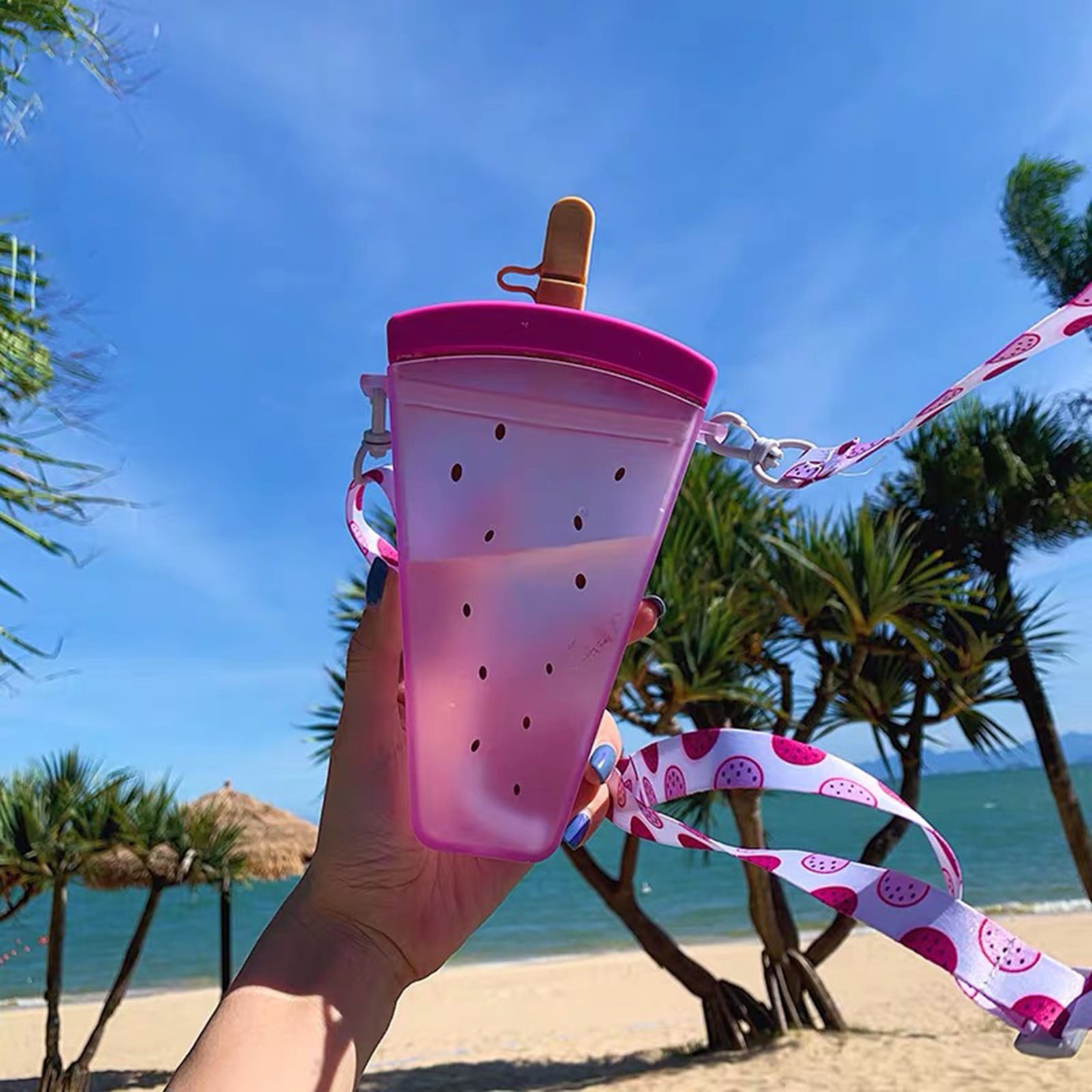 THHEIC 320ml Cute Watermelon Design Insulated Straw Water Bottle with Shoulder Strap, Portable Popsicle Cup for Gym, Office, Travel, and Outdoor Activities
