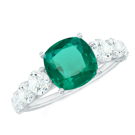 Rosec Jewels Lab Created Emerald Solitaire Ring with Moissanite Side Stones for Women - 8 mm, 925 Sterling Silver, US 4.00