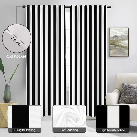Black and White Long Striped Window Curtain for Bedroom Living Room - 42" W x 84" L, 2 Panels, Rod Pocket Drapes