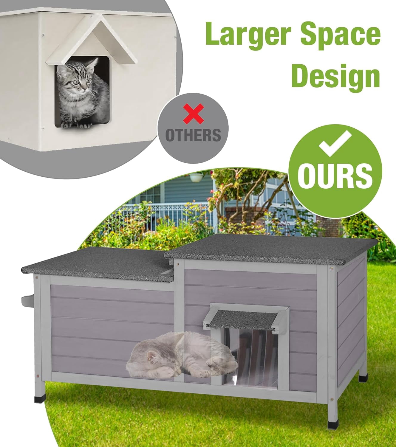 MEDEHOO Outdoor Cat House Weatherproof, Large Cat Shelter with Openable Roofs, Feral Kitty Shelter with Elevated Base, PVC Curtain