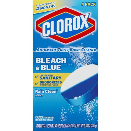 - Clorox Automatic Toilet Bowl Cleaner, Bleach & Blue, Rain Clean Scent, 2.47 oz, 4 ct