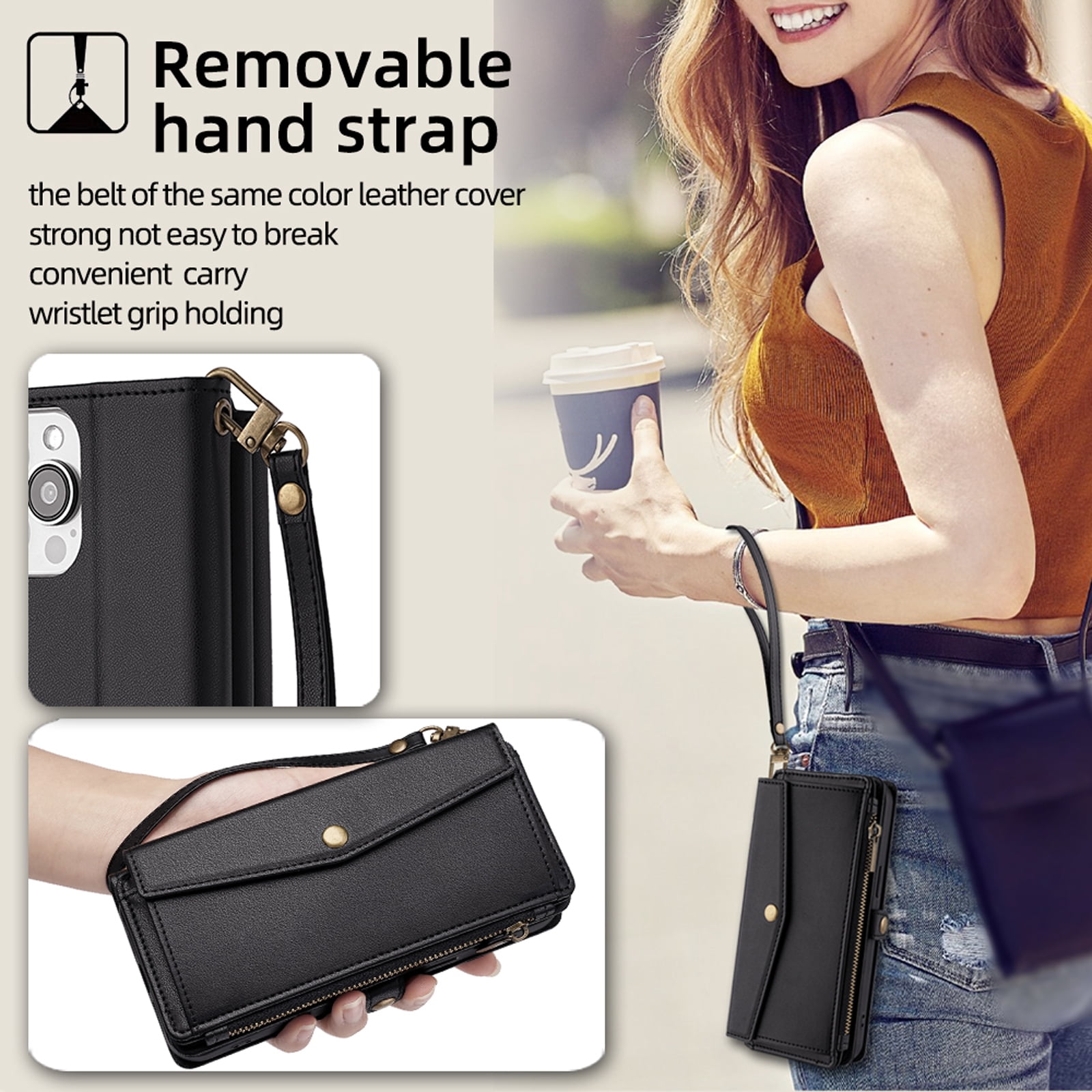 Compatible with iPhone 16 Pro Max Crossbody Wallet Case,Flip Folding Kickstand,With Card Slots,Long Strap&Short Strap,Zipper Pocket,Shockproof Heavy Duty PU Leather Phone Case,Black