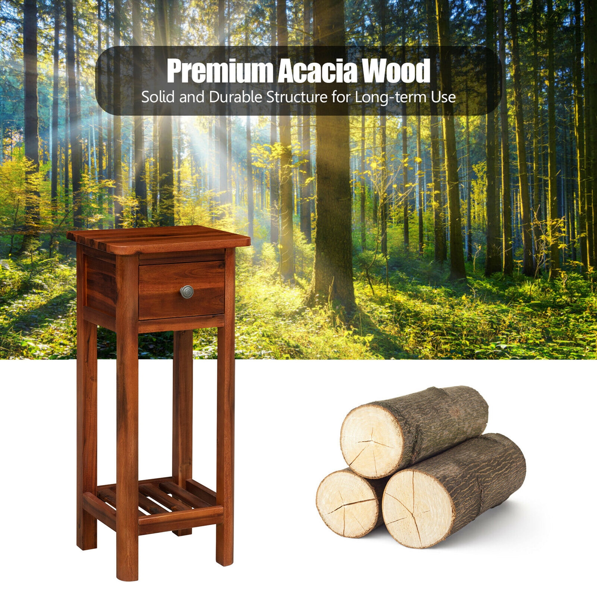 Gymax Acacia Wood Side Table with Drawer, Brown