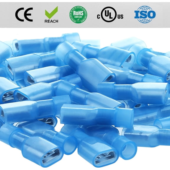 Genreen 100 Pcs UL Listed Blue Female Spade Connector 16-14 AWG, Nylon Electrical Crimps Terminal Connectors for Speaker Auto Stereo Wiring Connect Quick Disconnect Crimp Terminals
