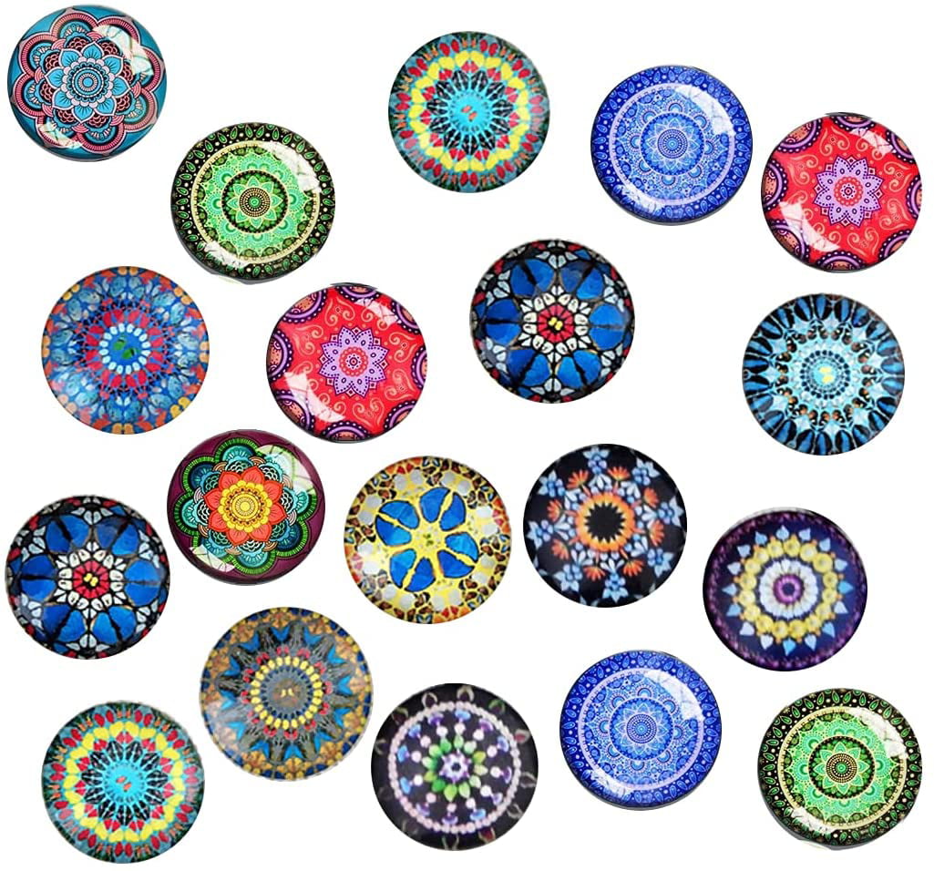 Round/ 30mm Photo 24 Refrigerator Magnets Decorative 3D Glass Notice Board Magnets with Mandala Patterns for Kid's Drawing Magnetic Whiteboard Office Magnets Map 
