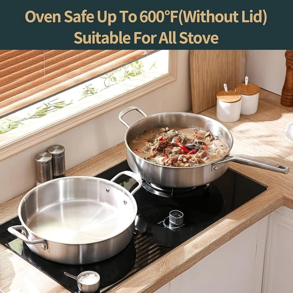 7 Quart Tri-Ply Stainless Steel Saute Pan with Lid, 12 Inch Deep Frying Skillet for All Cooktops