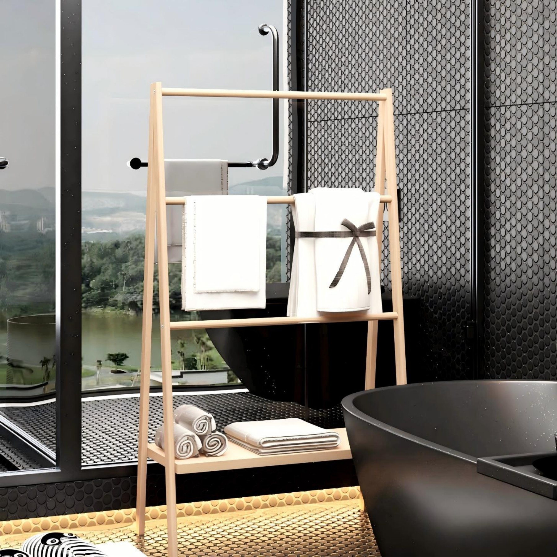 Freestanding Bamboo Wood Towel Ladder Rack with Storage Shelf,4 Tiers,Neutral