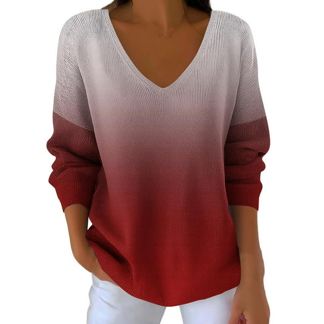 Hauts Décontractés pour Femmes, Haut Décontracté à Coupe Régulière Dégradé Imprimé Col en V Manches Longues Ample et Polyvalent, Hauts Floraux pour Femmes