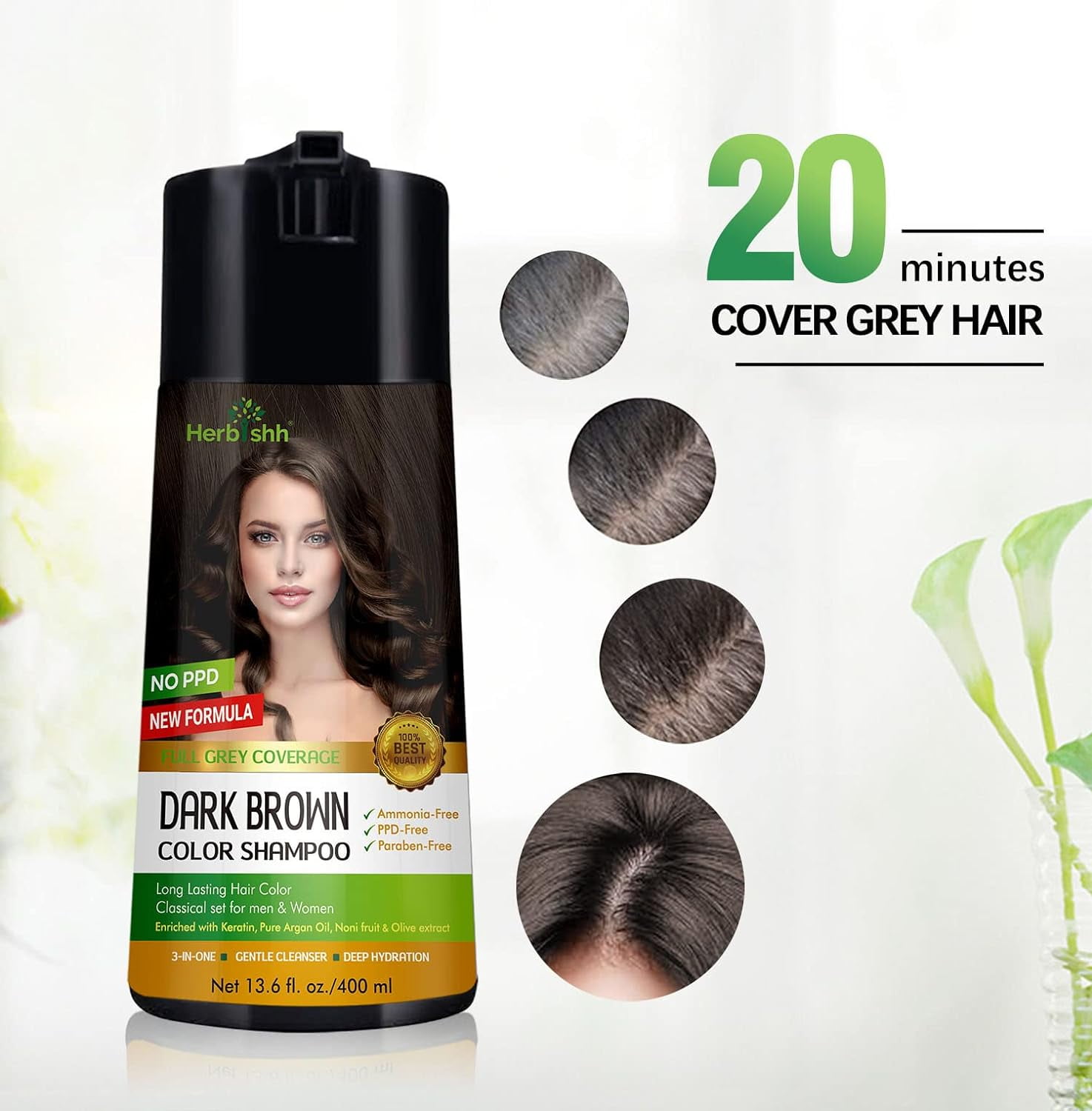 (5 pack) Herbishh Dark Brown PPD-Free Hair Color Shampoo for Gray Hair, Hair Dye Shampoo 3 in 1, 100% Gray Coverage, Permanent Hair Color for Men & Women, Ammonia-free, 400 ml