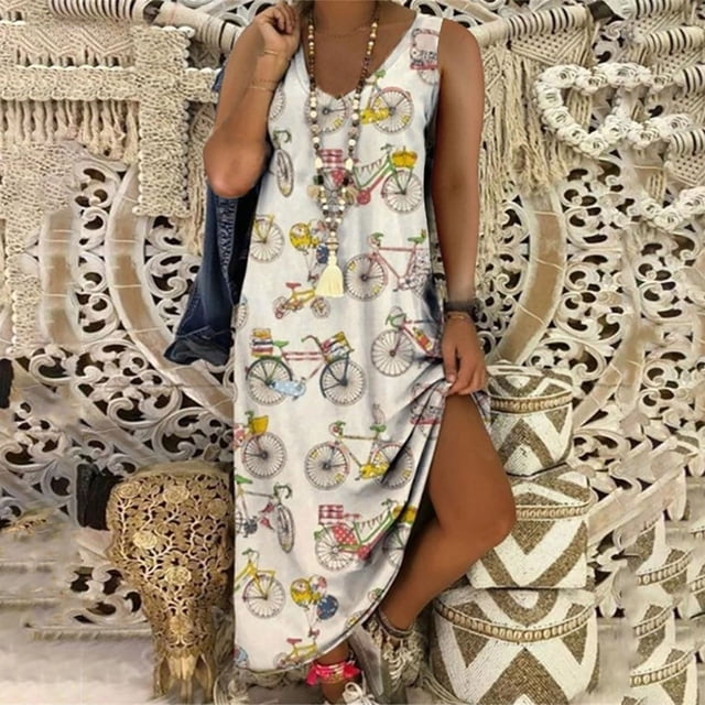 Lenago Blouses Grande Taille pour Femmes Chic Décontracté Femmes Décontracté Grande Taille Imprimé Col en V Poches Sans Manches Maxi Longue Robe Robes d'Été de Plage en Liquidation