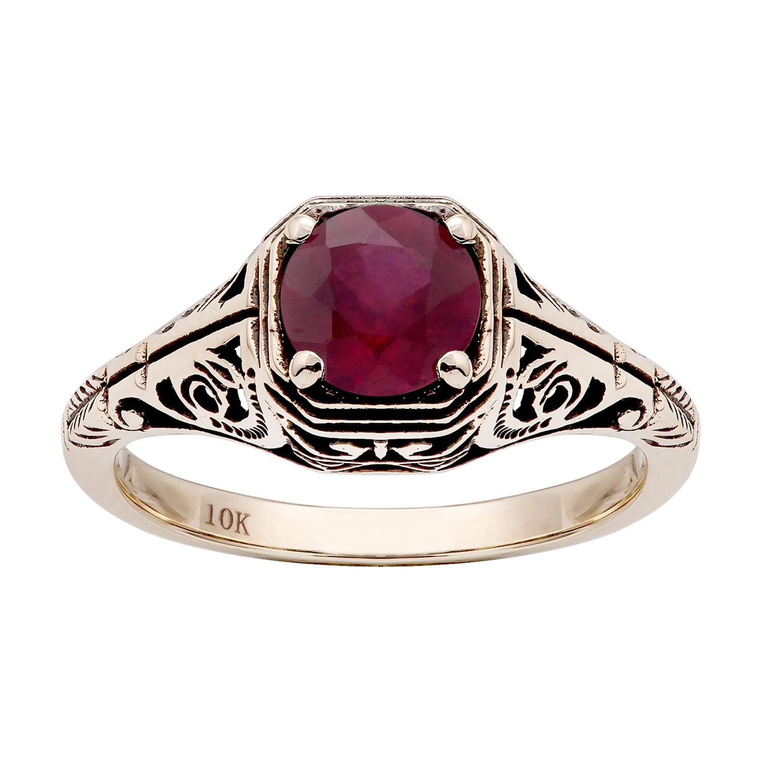 10k Yellow Gold Vintage Style Genuine Round Ruby Filigree Ring