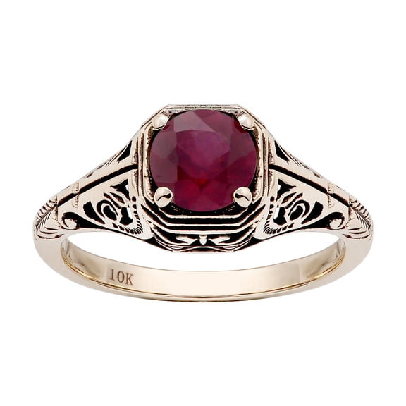 10k Yellow Gold Vintage Style Genuine Round Ruby Filigree Ring