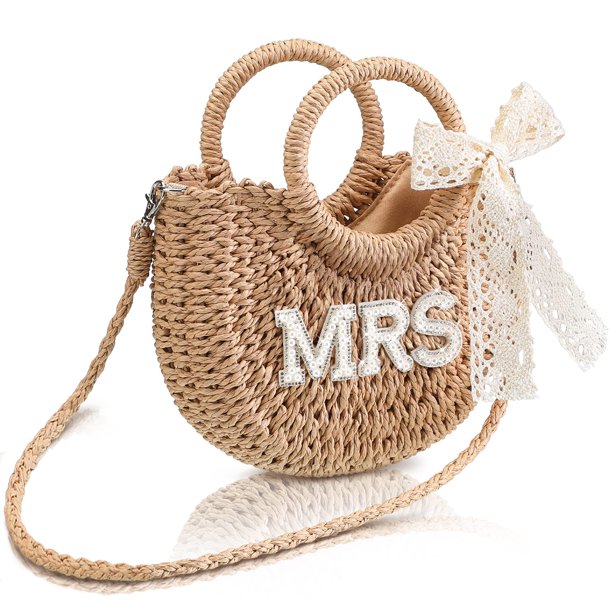 Bolso tejido a mano Straw Bride con diseño de letra rosa Mrs.