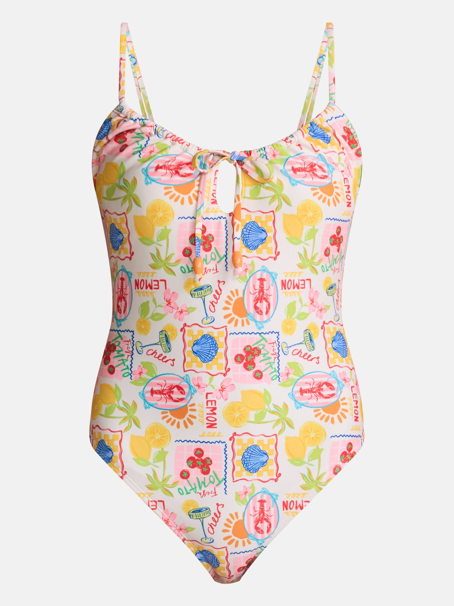 No Boundaries Tie Front Print One Piece Swimsuit, Women's XXS-XXL