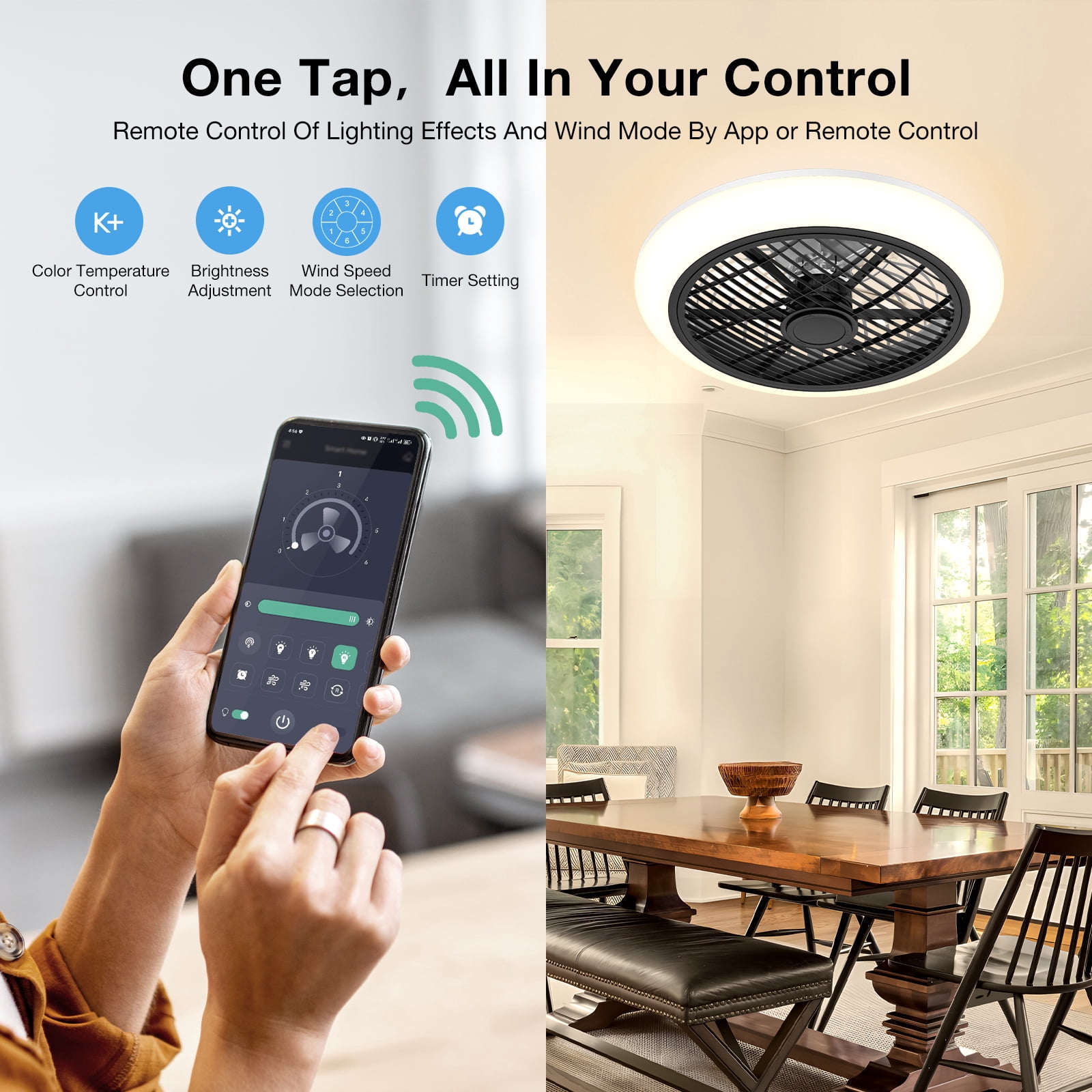 BLITZWILL 18in Ceiling Fan with Light, 6-Speed Reversible, Dimmable LED Timing with Remote & APP Control, Modern Bladeless Flush Mount Ceiling Fan, Black