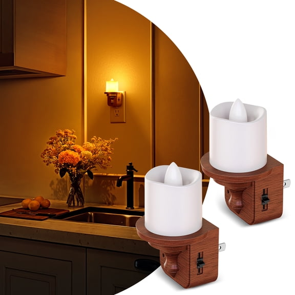 LOHASLED 2 Pcs Amber Wood Grain Candle Night Light with Sliding Dimmer