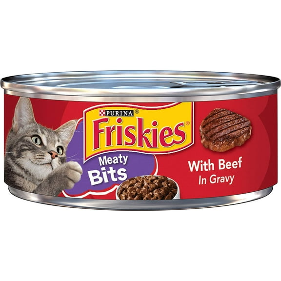 Purina Friskies Meaty Bits Wet Cat Food, With Beef in Gravy, Made with Real Beef, Canned Wet Cat Food for Adult Cats, 5.5-Ounce Can (Pack of 12 Cans)
