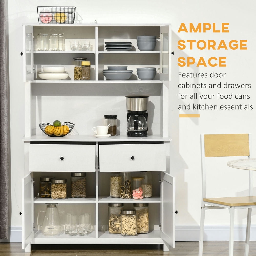 GVN Buffet with Hutch,63.5" Kitchen Buffet with Hutch, Pantry Storage Cabinet with 4 Shelves, Drawers, Framed Glass Doors,Antique White