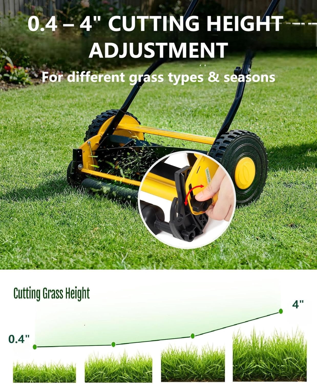 14" Hand Push Lawn Mower, 5-Blade Manual Lawnmower with Adjustable Cutting Height, Push Reel Lawn Mower for Small to Medium Yards, Manual Walk-Behind Lawn Mower for Quiet Eco-Friendly Mowing