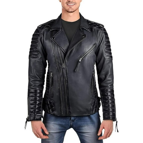 QAWACH Black Color Pure Lambskin Leather Winter Vintage Motorcycle Biker Moto Riding & Racing Jacket For Men XS Size