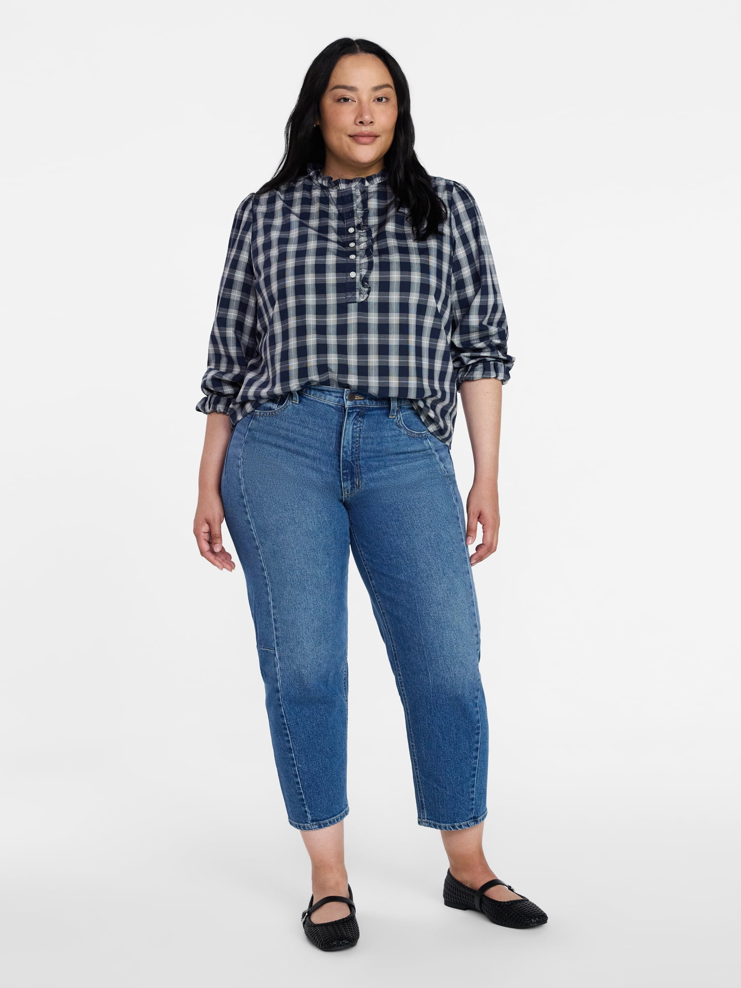 Time and Tru Women's Ruffle Neck Button Front Cotton Shirt with Long Sleeves, Sizes XS-XXXL
