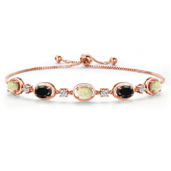 18K Rose Gold Plated Silver Ethiopian Opal and Black Sapphire and Moissanite Tennis Bracelet for Women | 3.73 Cttw | Gemstone October Birthstone | Oval Cabochon 7X5MM | Fully Adjustable 10 inch