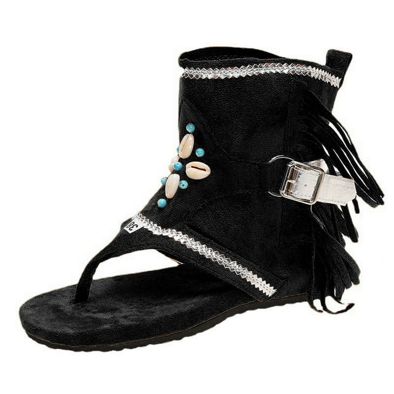 Tassel Sandals for Women 2023 ,Retro Bohemian Gladiator Fringe Casual  Sandals Flat Clip Toe Ankle Boots Beach Shoes T-Strap Roman Open-Toe Sandals  