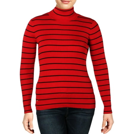Lauren Ralph Lauren Womens Amanda Striped Ribbed Turtleneck Sweater Red L
