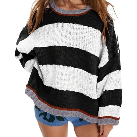 Czanzd Women's Oversized Striped Crewneck Knit Sweater,White,S