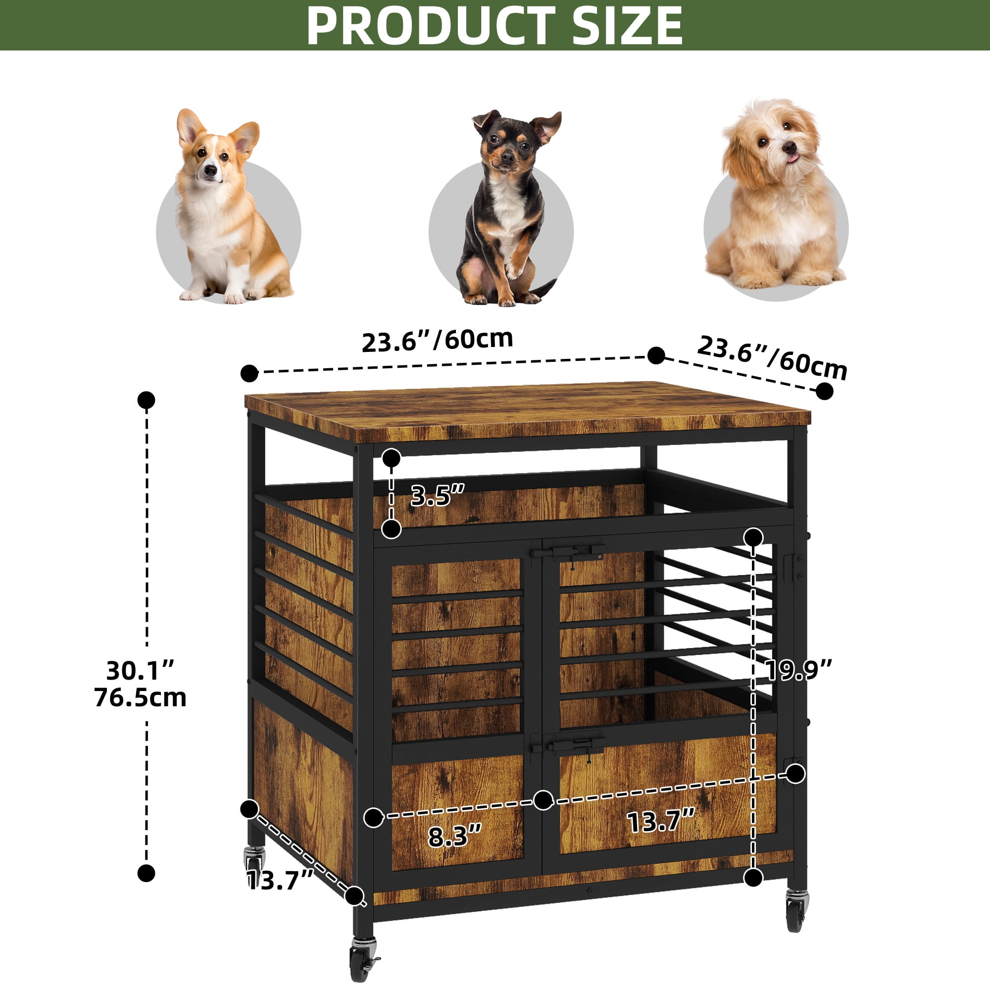 Uforic 24 Inch Dog Crate Furniture with Wheels,Wooden Dog Kennel for Dogs - Rustic Brown
